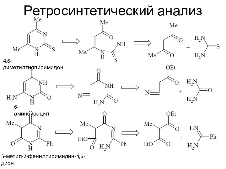 Ретросинтетический анализ 4,6-диметилтиопиримидон 6-аминоурацил 5-метил-2-фенилпиримидин-4,6-дион