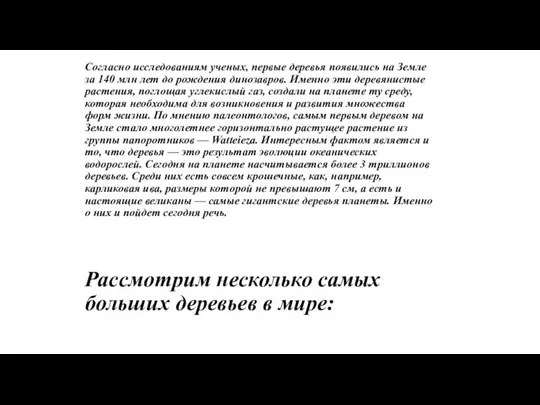 Рассмотрим несколько самых больших деревьев в мире: Согласно исследованиям ученых, первые деревья