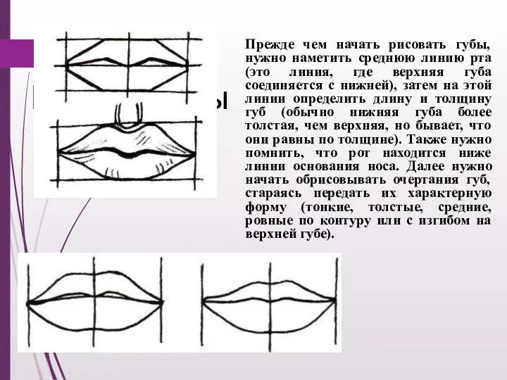 Рисуем губы Прежде чем начать рисовать губы, нужно наметить среднюю линию рта