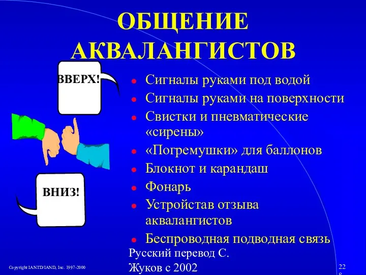 Русский перевод С. Жуков с 2002 ОБЩЕНИЕ АКВАЛАНГИСТОВ Сигналы руками под водой