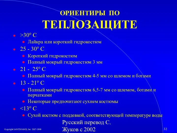 Русский перевод С. Жуков с 2002 ОРИЕНТИРЫ ПО ТЕПЛОЗАЩИТЕ >30o C Лайкра