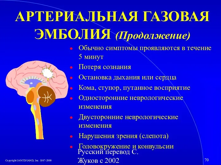 Русский перевод С. Жуков с 2002 АРТЕРИАЛЬНАЯ ГАЗОВАЯ ЭМБОЛИЯ (Продолжение) Обычно симптомы