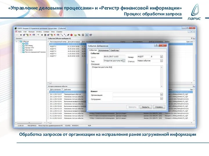 «Управление деловыми процессами» и «Регистр финансовой информации» Процесс обработки запроса Обработка запросов