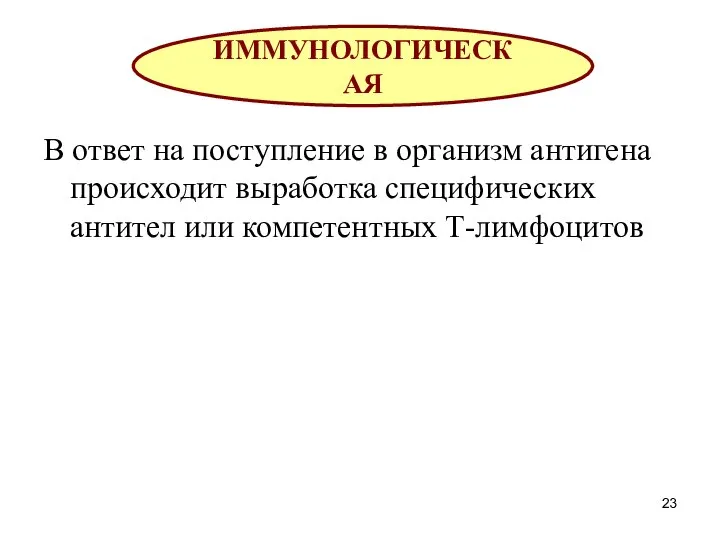 В ответ на поступление в организм антигена происходит выработка специфических антител или компетентных Т-лимфоцитов ИММУНОЛОГИЧЕСКАЯ