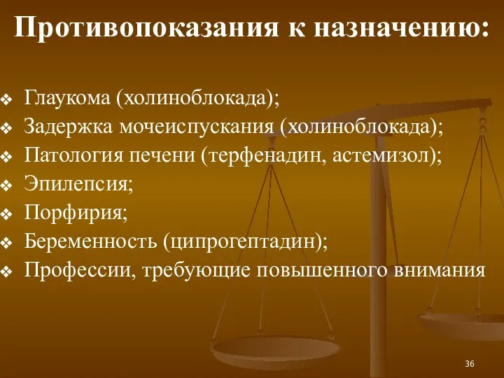 Противопоказания к назначению: Глаукома (холиноблокада); Задержка мочеиспускания (холиноблокада); Патология печени (терфенадин, астемизол);