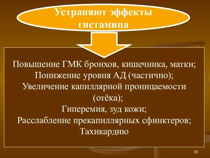 Повышение ГМК бронхов, кишечника, матки; Понижение уровня АД (частично); Увеличение капиллярной проницаемости