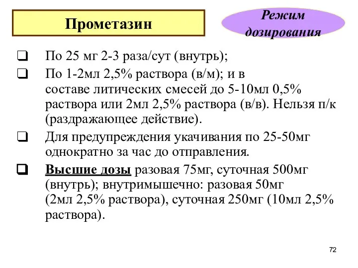 По 25 мг 2-3 раза/сут (внутрь); По 1-2мл 2,5% раствора (в/м); и