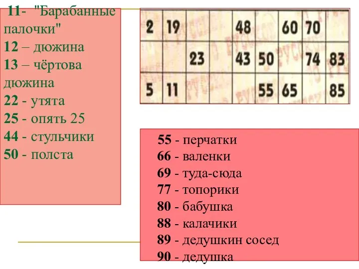 Название бочонков 11- "Барабанные палочки" 12 – дюжина 13 – чёртова дюжина