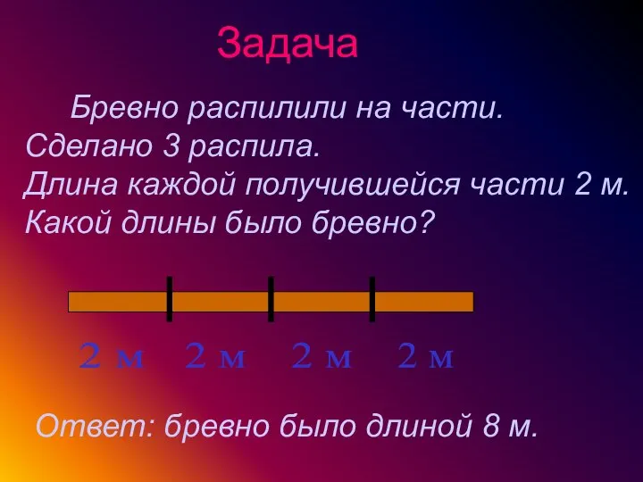 Бревно распилили на части. Сделано 3 распила. Длина каждой получившейся части 2