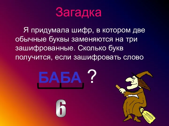 Я придумала шифр, в котором две обычные буквы заменяются на три зашифрованные.