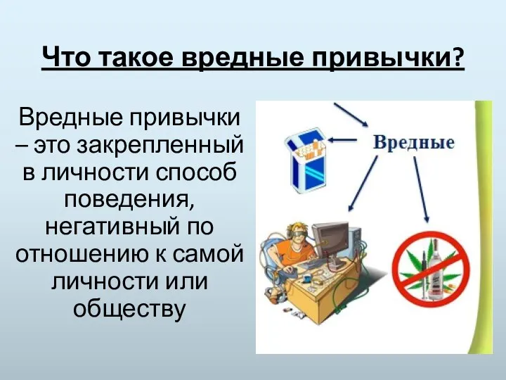 Что такое вредные привычки? Вредные привычки – это закрепленный в личности способ