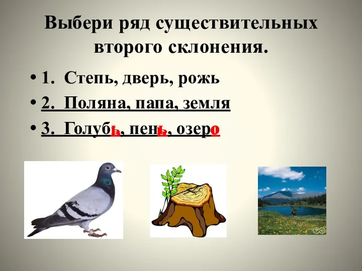 Выбери ряд существительных второго склонения. 1. Степь, дверь, рожь 2. Поляна, папа,