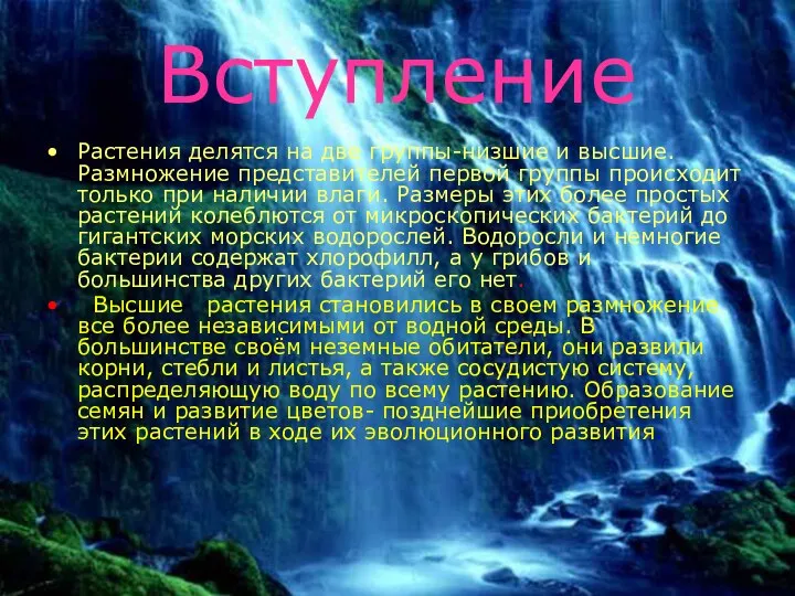 Вступление Растения делятся на две группы-низшие и высшие. Размножение представителей первой группы