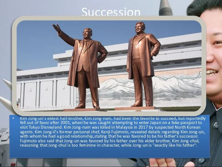 Succession Kim Jong-un's eldest half-brother, Kim Jong-nam, had been the favorite to