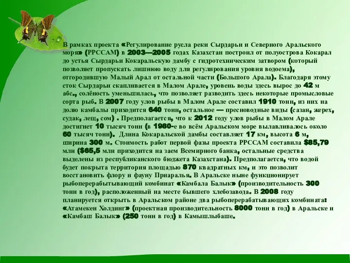 В рамках проекта «Регулирование русла реки Сырдарьи и Северного Аральского моря» (РРССАМ)