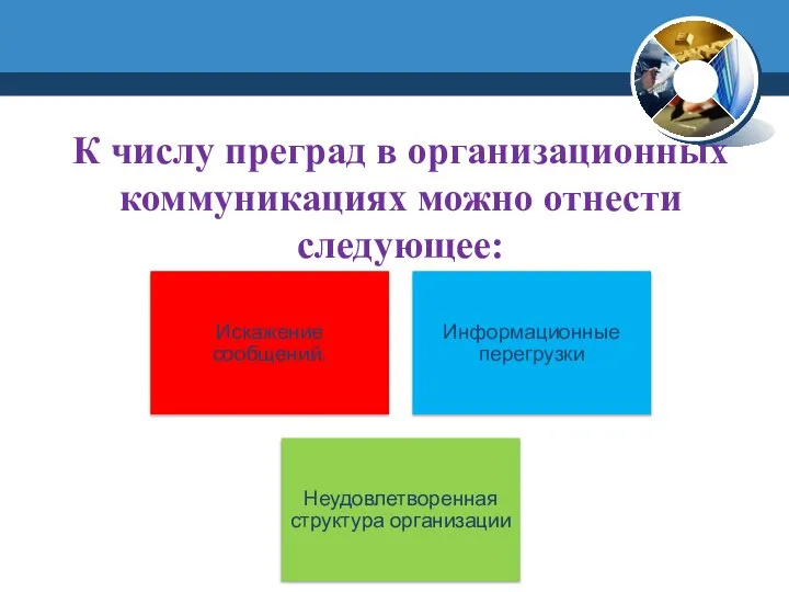 К числу преград в организационных коммуникациях можно отнести следующее: