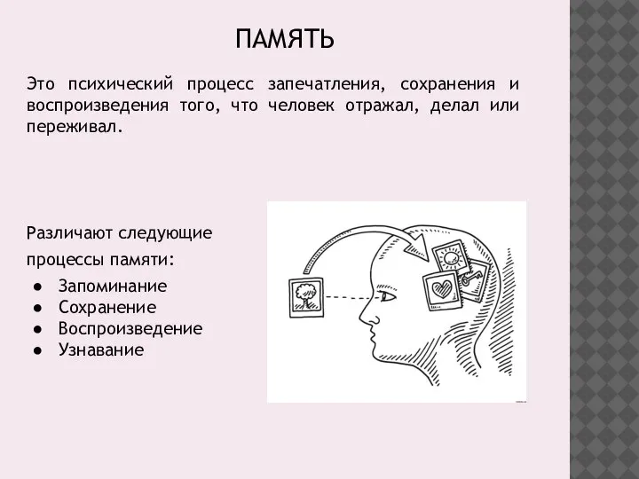 ПАМЯТЬ Это психический процесс запечатления, сохранения и воспроизведения того, что человек отражал,