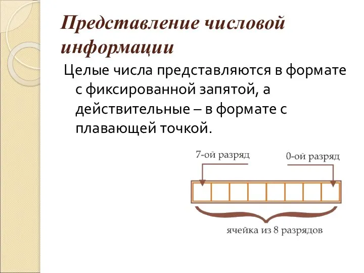 Представление числовой информации Целые числа представляются в формате с фиксированной запятой, а