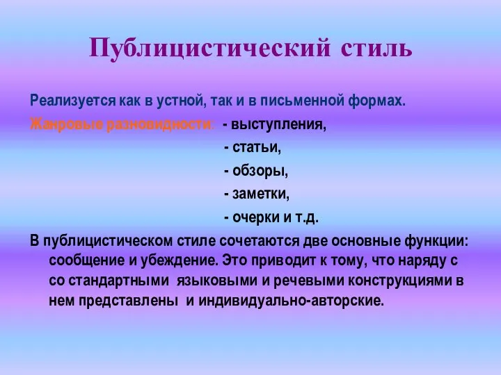 Публицистический стиль Реализуется как в устной, так и в письменной формах. Жанровые