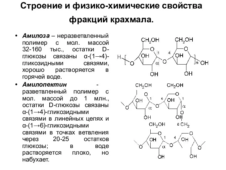 Строение и физико-химические свойства фракций крахмала. Амилоза – неразветвленный полимер с мол.