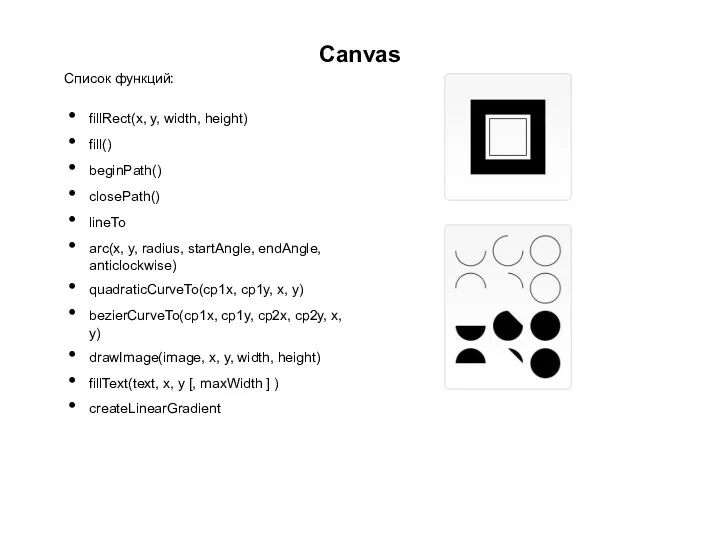 Canvas Список функций: fillRect(x, y, width, height) fill() beginPath() closePath() lineTo arc(x,