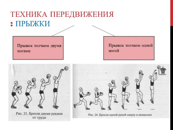 ТЕХНИКА ПЕРЕДВИЖЕНИЯ : ПРЫЖКИ Прыжок толчком одной ногой Прыжок толчком двумя ногами