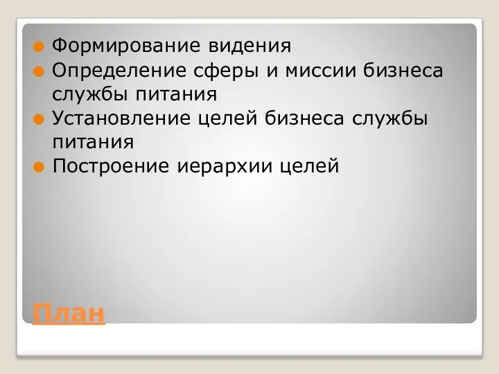 План Формирование видения Определение сферы и миссии бизнеса службы питания Установление целей