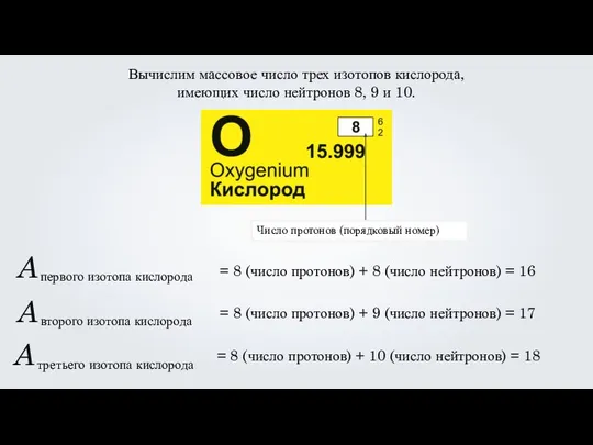 Вычислим массовое число трех изотопов кислорода, имеющих число нейтронов 8, 9 и