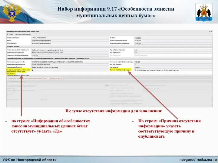 Набор информации 9.17 «Особенности эмиссии муниципальных ценных бумаг» по строке «Информация об