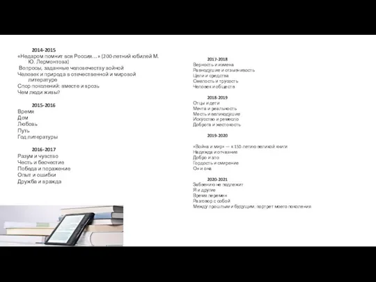 2014-2015 «Недаром помнит вся Россия…» (200-летний юбилей М.Ю. Лермонтова) Вопросы, заданные человечеству