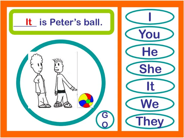 I You He She It We They _____ is Peter’s ball. GO It