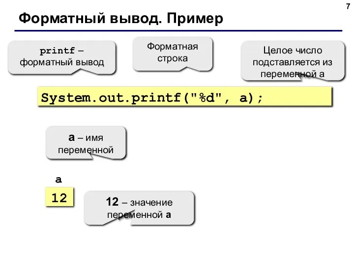 Форматный вывод. Пример System.out.printf("%d", a); Форматная строка printf – форматный вывод Целое