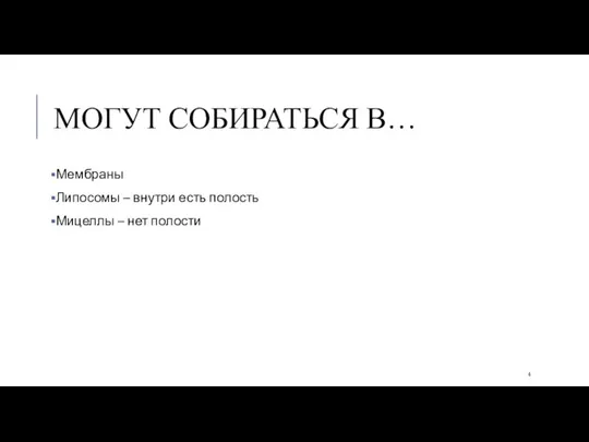 МОГУТ СОБИРАТЬСЯ В… Мембраны Липосомы – внутри есть полость Мицеллы – нет полости