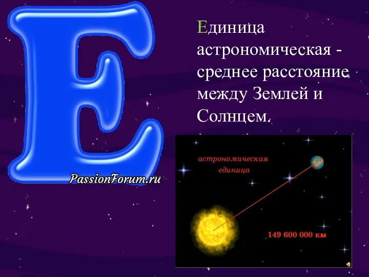 Единица астрономическая - среднее расстояние между Землей и Солнцем.