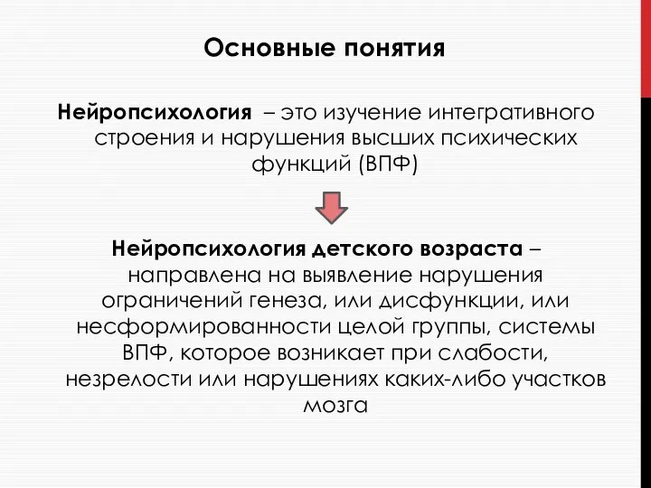 Основные понятия Нейропсихология – это изучение интегративного строения и нарушения высших психических