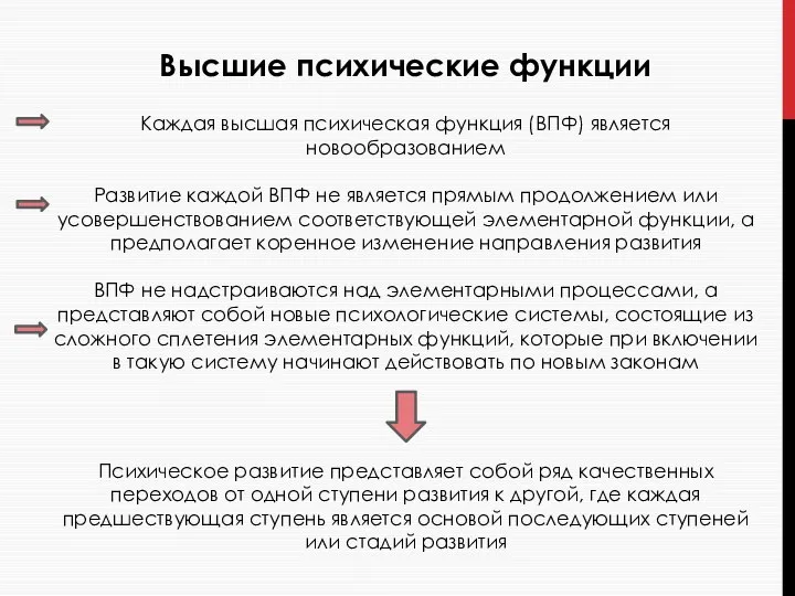 Высшие психические функции Каждая высшая психическая функция (ВПФ) является новообразованием Развитие каждой