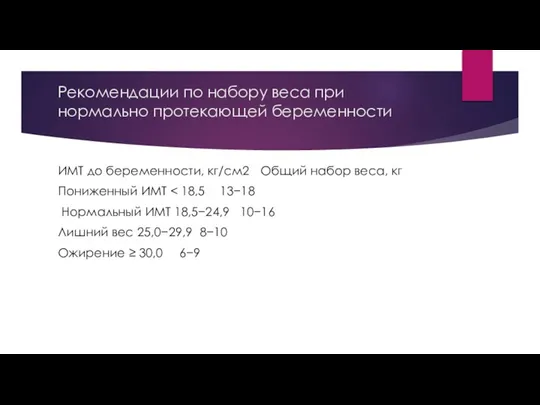 Рекомендации по набору веса при нормально протекающей беременности ИМТ до беременности, кг/cм2