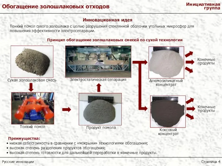 Принцип обогащение золошлаковых смесей по сухой технологии Преимущества: низкая себестоимость в сравнении