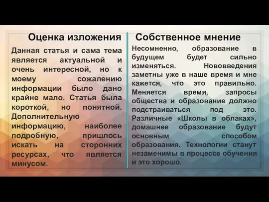 Оценка изложения Собственное мнение Данная статья и сама тема является актуальной и