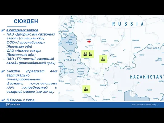 СЮКДЕН 4 сахарных завода ПАО «Добринский сахарный завод» (Липецкая обл) ООО «Агроснабсахар»