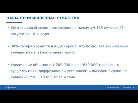 НАША ПРОМЫШЛЕННАЯ СТРАТЕГИЯ Presentation title | 00/00/0000 Свекловичный сезон длительностью максимум 135