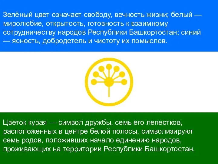 Зелёный цвет означает свободу, вечность жизни; белый — миролюбие, открытость, готовность к