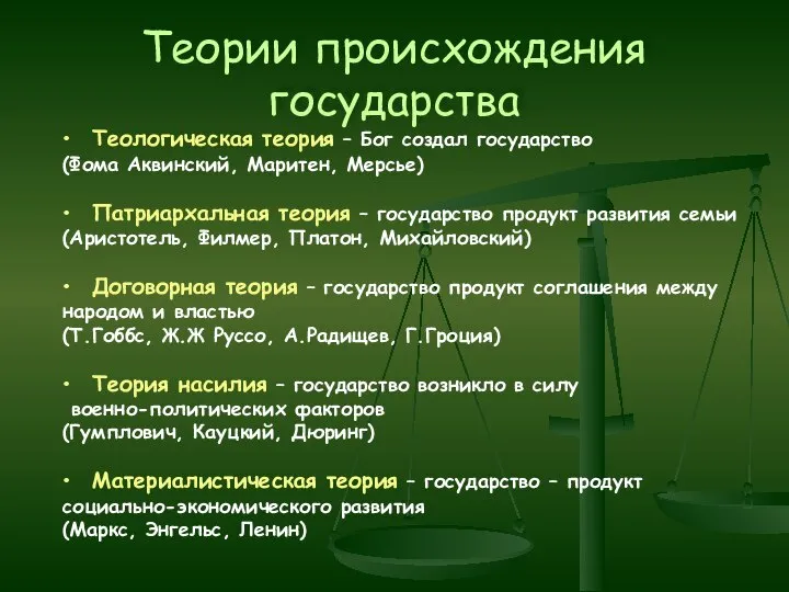 Теории происхождения государства Теологическая теория – Бог создал государство (Фома Аквинский, Маритен,