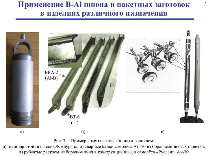 7 Рис. 7. – Примеры композитов с борным волокном: а) цилиндр стойки