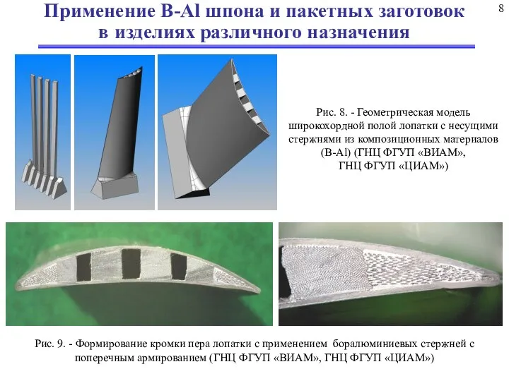 8 Рис. 8. - Геометрическая модель широкохордной полой лопатки с несущими стержнями