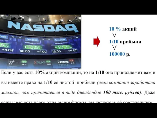 Если у вас есть 10% акций компании, то на 1/10 она принадлежит