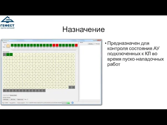 Назначение Предназначен для контроля состояния АУ подключенных к КЛ во время пуско-наладочных работ