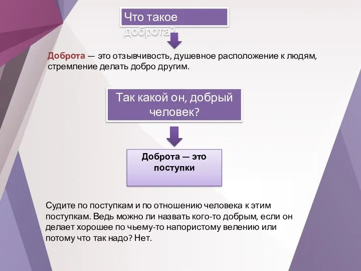 Что такое доброта? Доброта — это отзывчивость, душевное расположение к людям, стремление