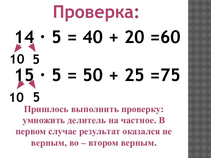 Проверка: 15 ∙ 5 = 50 + 25 =75 10 5 Пришлось