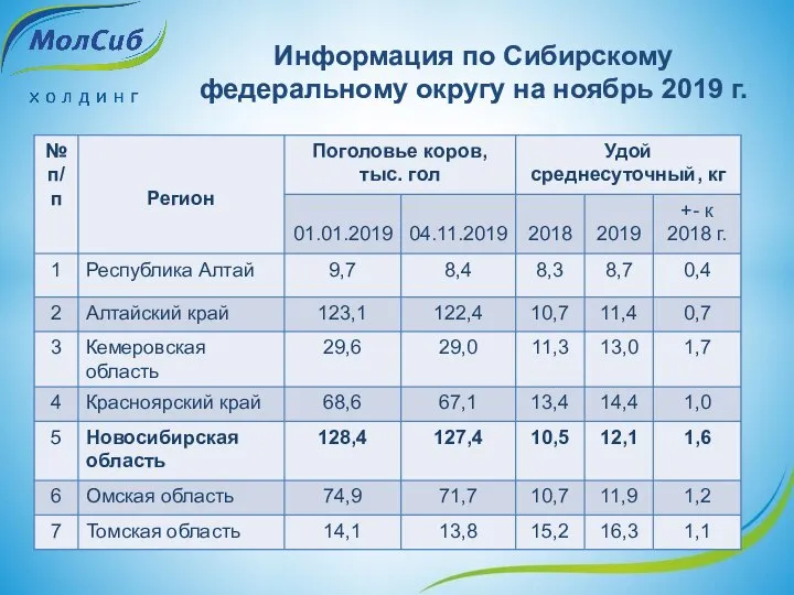 Информация по Сибирскому федеральному округу на ноябрь 2019 г.